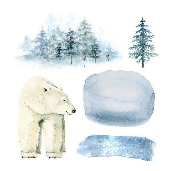 ホッキョクグマや冬の背景や自然や森を描いた水彩画 — ストック写真