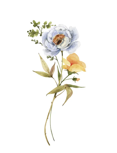 Bouquet Delicado Com Flor Amarela Azul Ilustração Aquarela — Fotografia de Stock