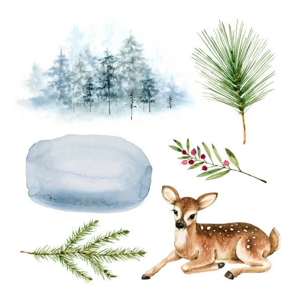 Aquarel Set Met Herten Dier Winterse Achtergronden Natuur Planten — Stockfoto