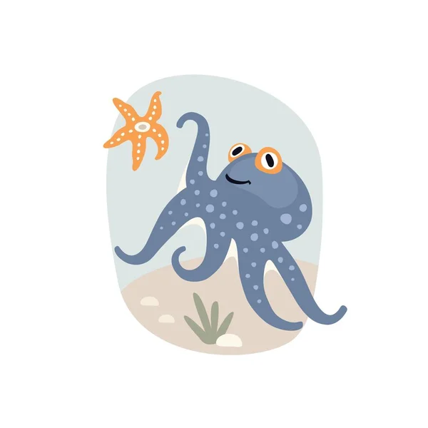 Nette Karikatur Meeresblauer Oktopus Auf Farbigem Hintergrund Flache Illustration — Stockvektor