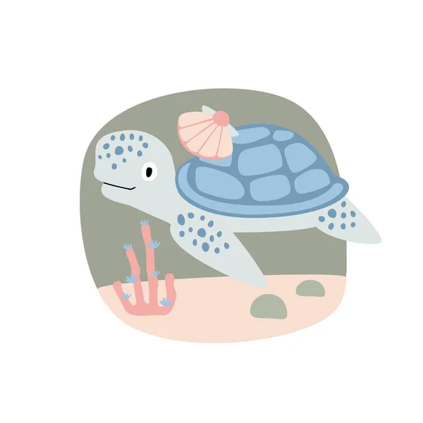 Nette Karikatur Meeresschildkröte Auf Farbigem Hintergrund Flache Illustration — Stockvektor