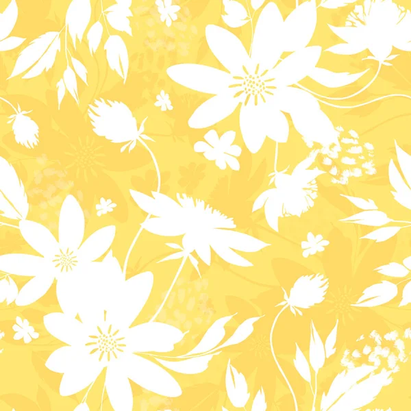 黄色の背景にグラフィック大きな白い花とシームレスなパターン — ストック写真