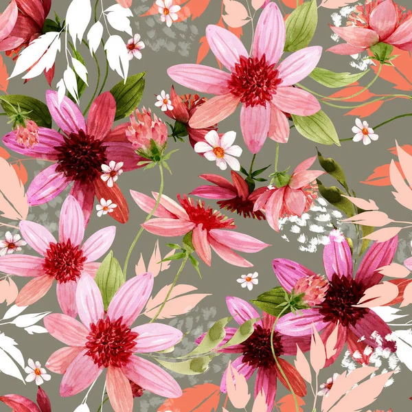Bezešvé Vzor Růžové Velké Chryzantémy Květiny Rostliny Akvarel Ilustrace — Stock fotografie