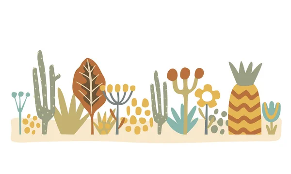 色彩斑斓的抽象花朵和植物的边框 呈扁平的风格 — 图库矢量图片