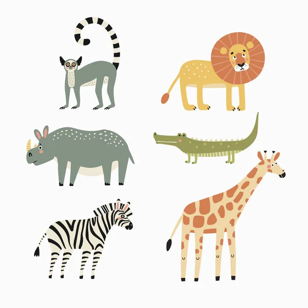 Soubor Ilustrací Afrických Zvířat Kresleném Stylu Vektorové Ilustrace — Stockový vektor