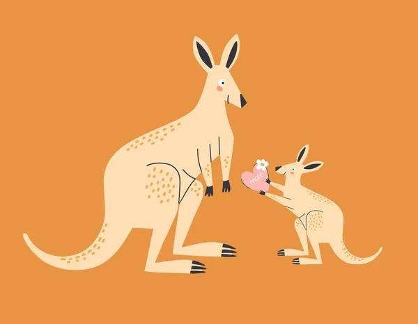 Baby Kangaroo Gives Mom Heart Mother Day Vector Illustration — Stock Vector