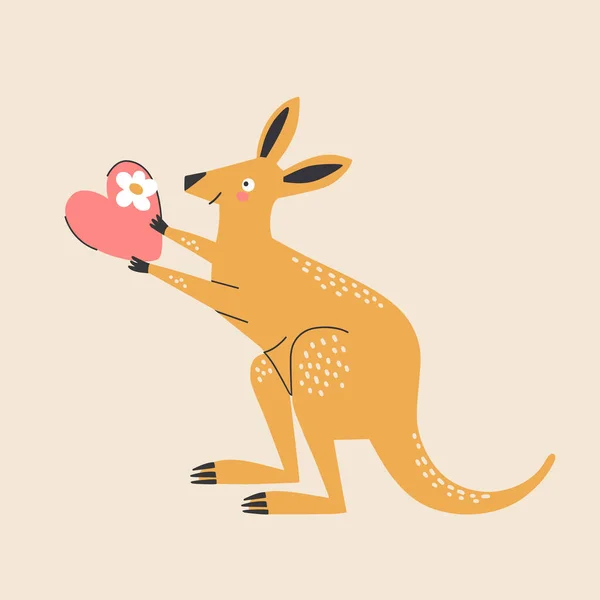 Aranyos Ausztrál Kenguru Egy Szív Rajzfilm Stílusú Vektor Illusztráció — Stock Vector