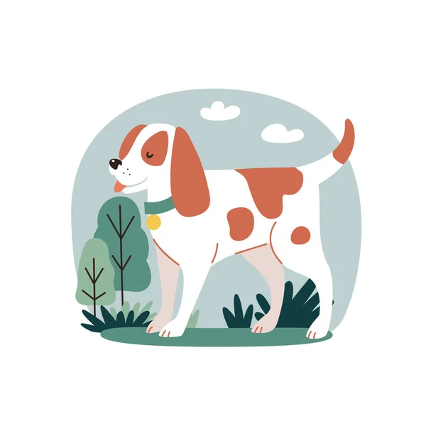 领子里的家犬站在自然的背景上 矢量平面图解 — 图库矢量图片