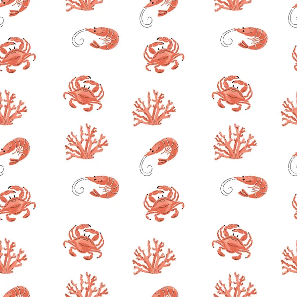 Шаблон Морскими Крабами Кораллами Креветками Векторная Иллюстрация Плоском Стиле — стоковый вектор