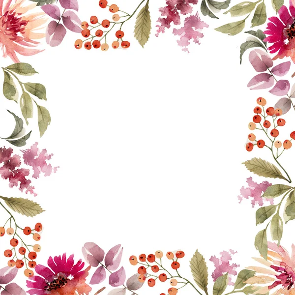 Vierkant Frame Met Delicate Roze Aquarel Bloemen Met Hand Geschilderd — Stockfoto