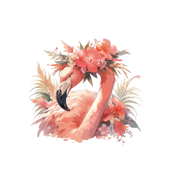 Lindo Pájaro Flamenco Rosa Dibujos Animados Flores Ilustración Vectorial Aislada — Archivo Imágenes Vectoriales