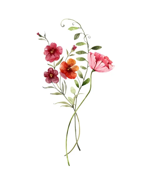 Bukett Med Rosa Och Röda Blommor Akvarell Illustration — Stockfoto