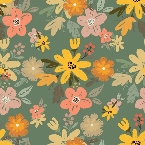 Płynny Wzór Abstrakcyjnymi Kwiatami Liśćmi Zielonym Tle Ręcznie Malowany — Zdjęcie stockowe