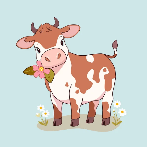 Vaca Manchada Claro Con Flores Vector Ilustración Estilo Dibujos Animados — Archivo Imágenes Vectoriales