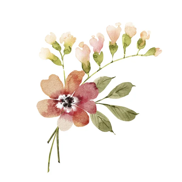 Bukett Med Röda Blommor Vit Bakgrund Akvarell Illustration — Stockfoto