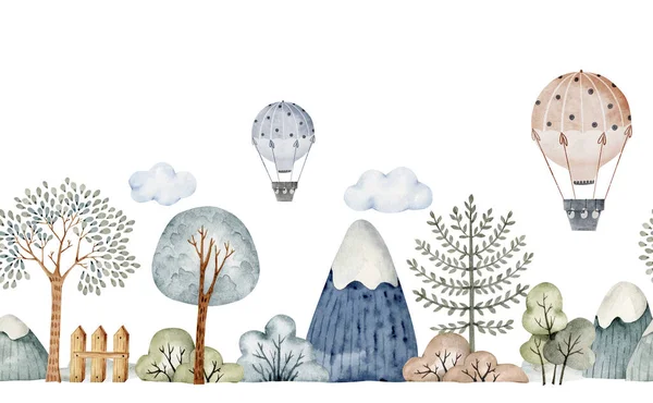 Seamless border with nature and hot air balloon, cartoon style watercolor illustration.