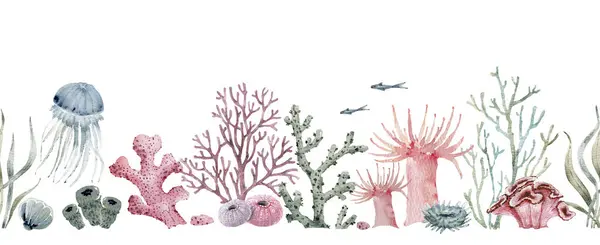Бесшовная Граница Морском Стиле Кораллами Раковинами Акварельная Иллюстрация — стоковое фото