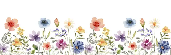 Płynna Granica Delikatnymi Wielobarwnymi Kwiatami Łąki Akwarela Ilustracja — Zdjęcie stockowe
