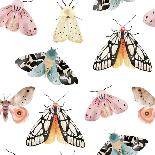 Sömlöst Mönster Med Färgglada Fjärilar Och Nattfjärilar Akvarell Illustration — Stockfoto