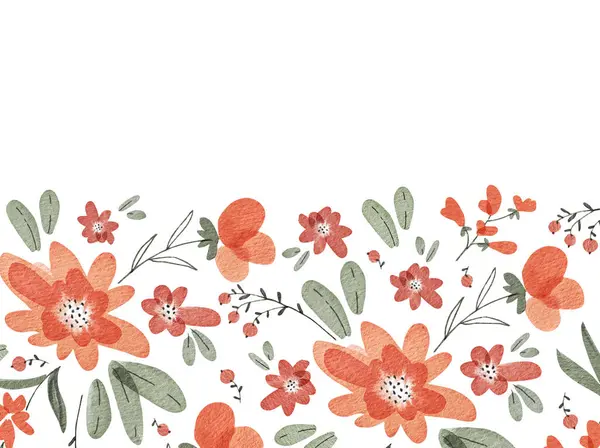 Border of tender orange flowers, watercolor illustration for design.