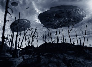 Ormanın üzerinde uçan UFO, 3 boyutlu çizim