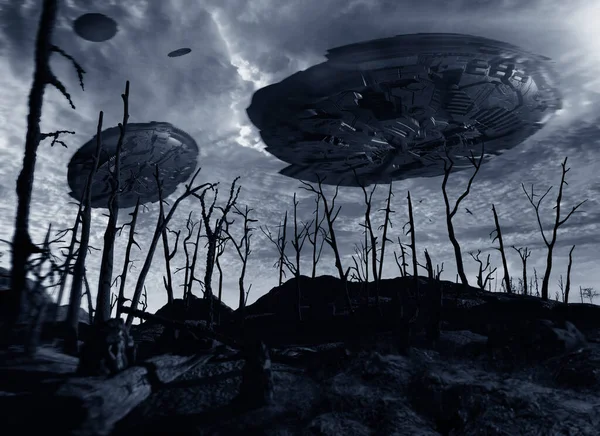 Ufo Που Φέρουν Πάνω Από Δάσος Εικονογράφηση — Φωτογραφία Αρχείου
