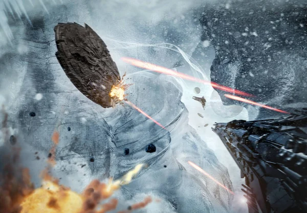 宇宙船と巡洋戦艦の宇宙戦闘 レーザーショット火花と爆発 3Dイラストレシオ ストックフォト