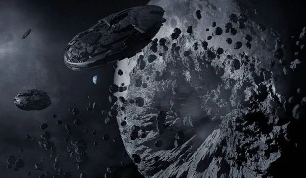 月面の崩壊と宇宙船 3Dイラスト ロイヤリティフリーのストック画像