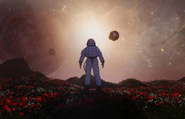 エイリアン惑星の宇宙飛行士 3Dイラスト ロイヤリティフリーのストック画像