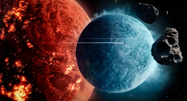 深宇宙と宇宙船の巨大な惑星 3Dアニメーション — ストック写真