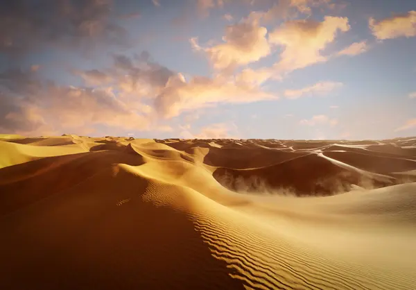 Sanddyner Sahara Desert Vid Solnedgång Och Sandstorm Illustration — Stockfoto