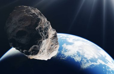 Mavi Dünya ve uzaydaki asteroitler. Dünya 'nın uzaydan görünüşü. Bu görüntünün elementleri NASA tarafından döşenmiştir, 3D animasyon