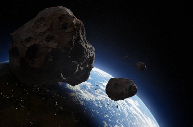 Mavi Dünya ve uzaydaki asteroitler. Dünya 'nın uzaydan görünüşü. NASA tarafından desteklenen bu görüntünün elementleri, 3d animasyon