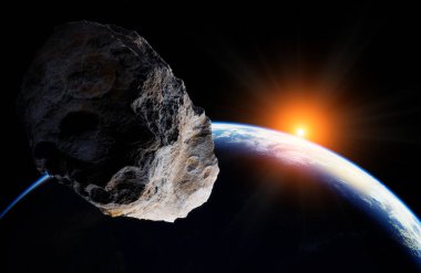 Mavi Dünya ve uzaydaki asteroitler. Dünya 'nın uzaydan görünüşü. NASA tarafından desteklenen bu görüntünün elementleri, 3d animasyon