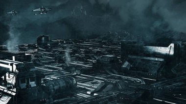 Fütürist uzay istasyonu bilim kurgu sahnesi. 3B illüstrasyon