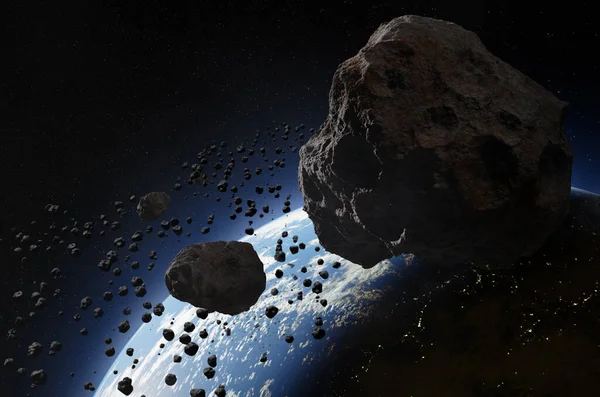Blaue Erde Und Asteroiden All Blick Auf Den Planeten Erde Stockbild