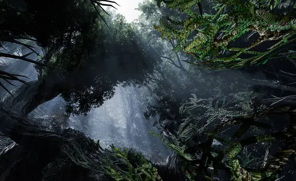 黑暗森林里鬼鬼祟祟的轮廓 雾蒙蒙的 神秘的光芒 令人毛骨悚然的角斗士故事氛围 3D数字插画 图库照片