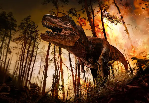 stock image Jurrasic scene - Trex dinosaur and forest fire, 3D illustration. made in Blende
