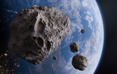 Mavi Dünya ve uzaydaki asteroitler. Dünya 'nın uzaydan görünüşü. Bu görüntünün elementleri NASA tarafından döşenmiştir, 3D animasyon