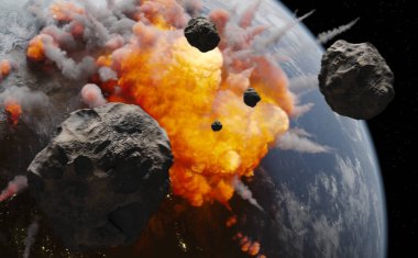 Uzayda göktaşları. Bu görüntünün elementleri NASA tarafından döşenmiştir, 3 boyutlu illüstrasyon