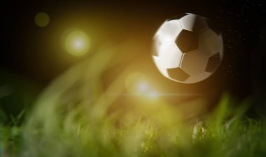 Siyah gökyüzünde futbol ve futbol sahası, 3 boyutlu illüstrasyon