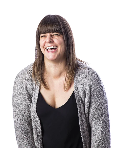 Isolated Portrait Forty Year Old Woman Wearing Gray Vest Laughing Stockbild