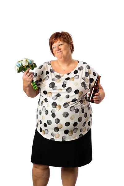 Isolated Portrait Fifty Year Old Woman Holding Wedding Bouquet Bottle — Stock Photo, Image