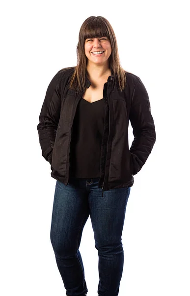 Isolated Portrait Forty Year Old Woman Wearing Biker Coat — Stock Photo, Image