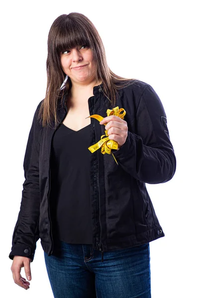 코트를 노란색 메시지 테이프를 여성의 초상화 스톡 사진