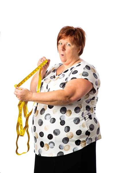 Vijftig Jaar Oude Vrouw Met Een Gele Mesuring Tape Met — Stockfoto