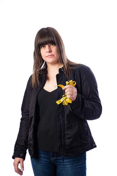 Isolated Portrait Forty Year Old Woman Wearing Biker Coat Holding — Stock Photo, Image