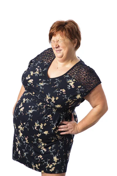 Jarige Vrouw Met Overgewicht Die Het Beste Probeert Lachen Tegen — Stockfoto