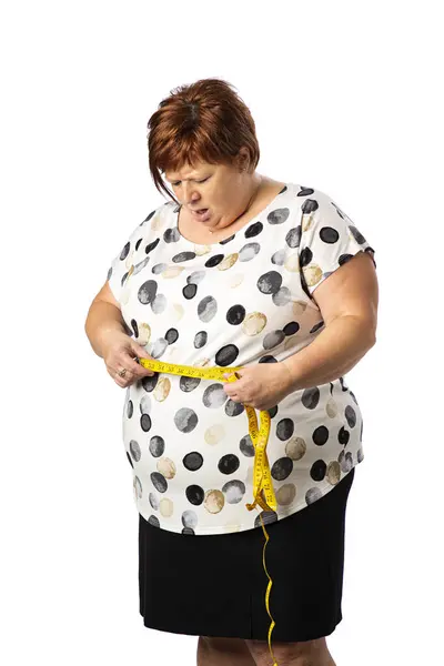 Избыточный Вес Женщина Измеряя Талию Желтой Измерительной Лентой Изолированные Белом Стоковое Фото