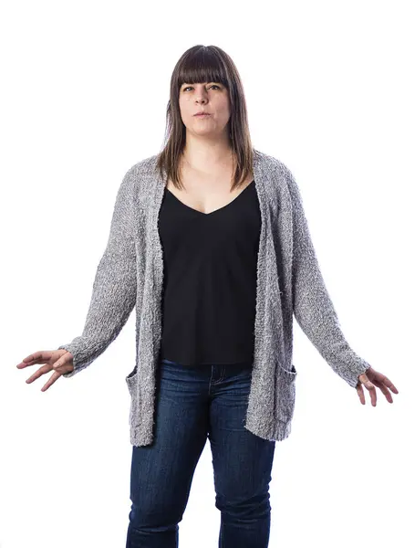 Fyrtio Något Kvinna Bär Tillfälliga Kläder Försöker Hålla Balansen Stockbild